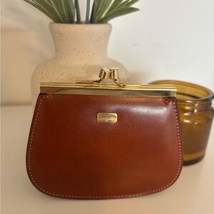 Ferragamo Vintage Brown Leather Kisslock Coin Pouch Wallet Gold Hardware Italy